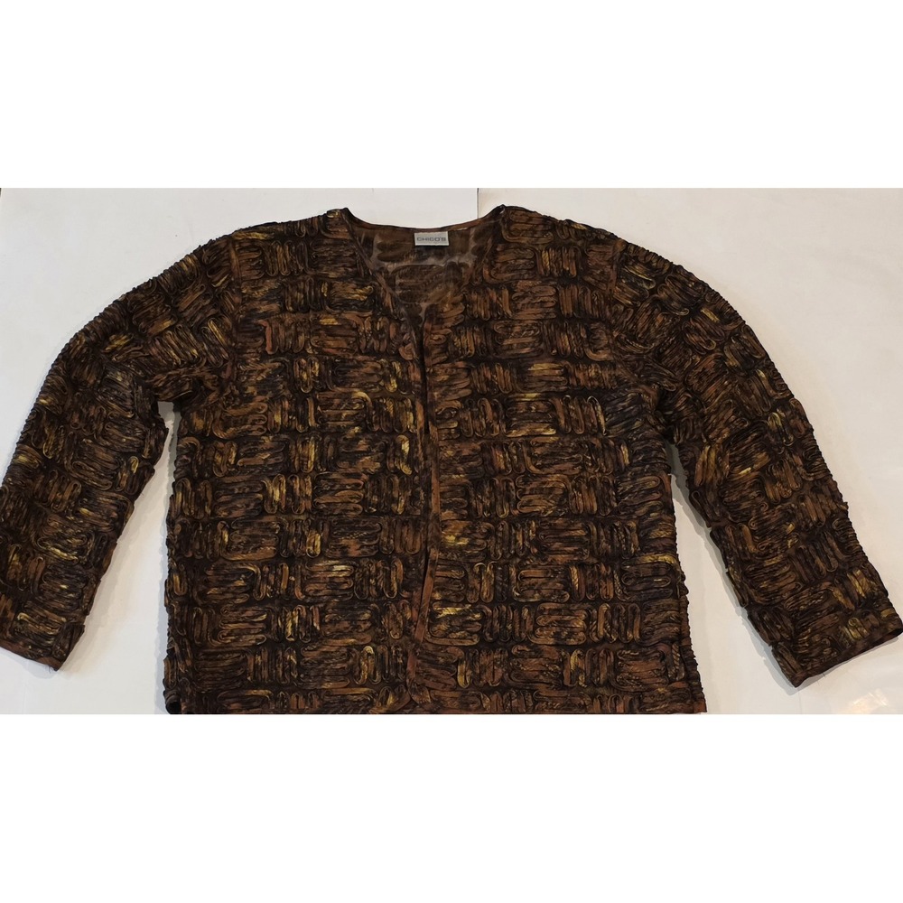 Chicos Womens L Silk Crop Brown Basket Weave Textured Pattern Open Front Jacket